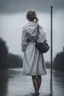 Placeholder: Standing in the grey-north see with white clothes. Girl with a bun. Rains heavily.