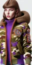 Placeholder: Brunette woman. average body type, think thighs and thick calves. Mantle is sewed of recycled Denim and sewed together of camouflage pieces. Printed camouflage figures are orange,terracotta, cream and purple. It is with big bright purple felt tippet and cream-colored-hood. mantle is merged with satchel. . AKG-style headphones (gold rings!) is merged with small felt cap with small visor. Style: Haute Couture in 1936, Paris fashion in 2023, inspired by street art. Cream latex gaiter.