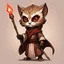 Placeholder: Abal-jo is a khajiit mage with brown fur dressed in a tan and brown robe with a tan and brown hood and mask with a red and bronze glowing staff, in chibi art style