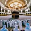 Placeholder: The scene in Mecca: People wearing white Ihram clothes, men without head coverings, women with veils, circumambulating around the Kaaba, and above them are transparent white spirits of children, men, and women with wings revolving around the Kaaba.