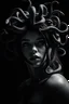 Placeholder: a high quality digital artwork of an attractive woman, Medusa head with many hair snakes, view with hate, mysterious, confusing, digital painting, metaphorical, powerful image, deep meaning image, cinematic, black and white color, low Angle shot, Three-Quarter View, black background, realistic 8k