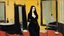 Placeholder: [art by Toulouse-Lautrec] Morticia Addams in agent provocateur sits in front of a mirror at a vanity, in her room