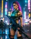 Placeholder: Sci-fi slim Ukrainian girl with big breasts in military t-shirt and shorts with slim trousers action a sniper rifle with neon lights of Japan's cyberpunk night city in the background