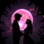 Placeholder: In the foreground, the dark silhouettes of a handsome young man and a beautiful young woman embrace as lovers. In the background, a giant orb composed of pink, purple, and orange plasma shimmers brightly. An inky black void frames in the image, with jagged tendrils reaching out to devour them.