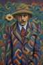 Placeholder: Man in knitted chevron-patterned Zoot Suit with a passionflower head; Acrylic Paint; Neo-Impressionism; symbolism; Contemporary; Van Gogh; Hundertwasser; Giger.