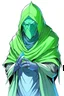 Placeholder: Anime alien man character with aged 50 ,too strong,huge , with a ice too much modern armour wearing a green blue robe cover his head