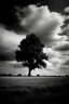 Placeholder: conceptual photo, art photo, illusion, fine art, death, dark cloudy sky, surrealism, black and white, single chestnut tree, distant view