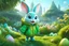Placeholder: easter holidays, pixar art style of cute pixie smiling bunny with large eyes, full body, fresh green puffer jacket, manila city backdrop, by mobeius, large eastern eggs, in the garden of Eden, stylized vegetation, turquoise water ground-level view, foggy atmosphere, hyper detailed, digital art, trending in artstation, cinematic lighting, unreal engine 5 rendered, octane rendered, art style by klimt and nixeu and ian sprigger and wlop and krenz cushart