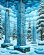 Placeholder: A cyan winter snowfields covered in ice designed in pacific Northwest totem poles painted by Edward Hicks