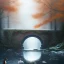 Placeholder: fantasy art, book cover, portrait of duck under a bridge , old mill wheel ,icy autumn water, icy frame