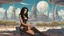 Placeholder: exotic sci-fi pin-up girl, with long dark hair, on an alien planet with cloud trees, tall spires and buildings