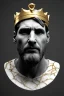 Placeholder: Ultra Realistic image, Roman sculpture, white marble material, Lionel Messi, gold crown of natural thorns, god crown, gold veins, gold ornaments, Renaissance style, sun rays background, waist up portrait, epic, celestial, cinematic lighting, God lights, 4k resolution, smooth details, soft lighting, unreal engine 5, art station, substance 3d.