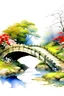 Placeholder: Vista lateral de un puente sobre un arroyo, flores y arbustos en la orilla, fantasía japonesa, alto nivel de detalles, dibujo en acuarelas