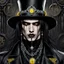 Placeholder: medium close from drawing a striking gothic emo male model with long black hair and intense dark yellow eyes, wearing dramatic black eyeliner and lipstick. He has pale, smooth skin with strong, sharp facial features. The model is adorned with gothic accessories silver chains , circle earring and black steampunk hat. The overall mood is dark, mysterious, and elegant, with a high-fashion gothic aesthetic. The background is softly lit with fog in gray tones, focusing all attention on the face