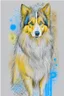 Placeholder: Abstract wet watercolour of a rough collie, ink lines, interlinked circles,detailed focus on eyes