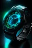 Placeholder: Generate an image of a frosted watch in a high-tech, futuristic environment. The watch should appear sleek and cutting-edge, with holographic displays and a cyberpunk aesthetic."