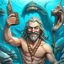 Placeholder: the sea god Poseidon, taking selfie with sharks, smiling, realistic, detailed,