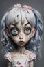 Placeholder: full color, illustration of a dark, menacing, monster girl Singer Melanie Martinez face, as a decayed, broken, crude homemade cloth doll toy, with a narrow cracked porcelain face, thick dark eyebrows, hair made from ragged strips of cloth, in the style of Alex Pardee, Tim Burton, and Nadya Sheremet