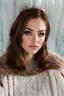 Placeholder: evil ice princess, brown eyes, with crown, wearing fur, in front of ice castle