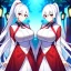 Placeholder: Clear focus, 8k, beautiful lighting, vibrant colors, girl, white hair, long hair, vibrant red eyes, ponytail, same twins, white hair, red eyes, same clothes,