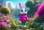 Placeholder: easter holidays, pixar art style of cute pixie smiling plush bunny with large eyes, full sitting body, magenta puffer jacket, manila city backdrop, by mobeius, large easter decorations, in the garden of Eden, stylized vegetation, turquoise water ground-level view, foggy atmosphere, hyper detailed, digital art, trending in artstation, cinematic lighting, unreal engine 5 rendered, octane rendered, art style by klimt and nixeu and ian sprigger and wlop and krenz cushart