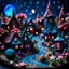 Placeholder: Detailed creepy landscape made of modeling clay, stars and planets, village, flower, Tim Burton, strong texture, Harry Potter, extreme detail, decal, rich moody colors, sparkles, bokeh, odd