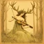 Placeholder: nature ledger book page with an illustration of a Sylvian nymph with dramatic antlers playing a lute in a wooded glade, By Jean Baptiste Monge, rough color pencil illustration on vintage paper, dark green and brown colors, captured in a vintage style with soft sepia tones and subtle vignetting, paper edges slightly worn as if discovered from an antiquated library