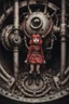 Placeholder: Closeup cute girl with little monster, fullbody, dieselpunk, valves rising from the ground, the perspective looking up from the bottom of an empty well , 8k, macro photography by <John Kenn Mortensen>, darkred tones,