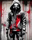 Placeholder: Banksy style. Grafiti. Full body. Masterpiece of a hooded and gas masked killer Cyborg, his eyes are intense. Red, white and black colors, (((full body)))