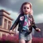 Placeholder: Riley keough toddler, full body, leather jacket, floral shirt, floral skirt, shoe, soft skin, city background, dramatic lighting, hyper realistic