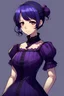 Placeholder: Personaje de anime femenina, con cabello corto y negro. que use vestido violeta oscuro de la espoca victoriana.