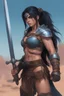 Placeholder: female Barbarian, Black Sonja, Long, pitch-black hair, two ponytails, bangs cut straight across forehead, blue eyes, sky blue stained wall in the background, dressed as a female barbarian, extremely muscular chest, carrying a long broadsword in her right hand, the stygian desert of Mars