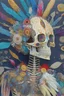 Placeholder: Painting entitled "If you only opened your mind, perhaps your brain could fall out"; neo-surreal skeleton wearing a designer outfit painstakingly sewed together from a patchwork of mixed media including feathers, foliage, flowers, gemstones, and shiny sequins that reflect the sun; quilling, award-winning, masterpiece, portfolio piece, fantastical, Intricate, provocative, superbly detailed, Holographic, Magnificent, Meticulous, Mysterious