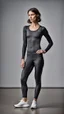 Placeholder: photography of a beautiful anorexic woman, anthracite satin triathlon top, sports illustrated, brunette short wavy bob haircut, pronounced sternum, flat chest, anthracite short leggins