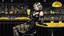 Placeholder: gray-toned, contrasting graphics, a lady in a black casual dress, black lace nice nylon stockings sitting on a bar chair in bar, holding a yellow mimosa cocktail in her long black gloved hand, atmospheric, strong contrasts, shadowy background, focus on the hand holding the cocktail, moody, pale ligts, anime style, cinematic