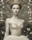 Placeholder: vintage photo of beautiful, stunning ballerina with white feather crown wrapped around head, glittery bodice, close-up profile portrait, sepia, background of flowers, gauzy white curtains, candles, dreamlike, sepia photography, centered, 8k resolution, high-quality, fine-detail, intricate, detailed matte, volumetric lighting, photo-realistic, candles, translucent gown, illustration, 3D octane render, brian froud, howard lyon, selina french, anna dittmann, annie stokes, lisa parker, greg rutowski