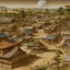 Placeholder: A brown Western town designed in Australian aboriginal art painted by Utagawa Hiroshige