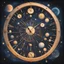 Placeholder: A giant clock telling celestial time radiating glow and shine and the night is full of shimmering stars and moons with nebulas dancing with planets, in constructivism art style