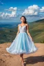 Placeholder: full-body closeup shot of a young, beautiful girl with a perfect face and makeup,wearing pretty dance dress standing in a stage in open air nice hills , blue sky ,pretty clouds at distant