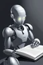 Placeholder: generate a color front cover simplistic illustration representation of Ai metalic grey bot writing a book