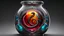 Placeholder: ancient shiny Dark fantasy alien serpent embryo in a glass specimen jar, silver filigree edges, bold lines, vivid tattoo ink, shiny glass jewels, bold (colorful hieroglyphs) cartouche, 16k resolution, epic, beautiful, masterpiece, trending on Artstation, deviantArt, ultra detailed, sharp focus, red yellow and black, deep color, vibrant, wet, gloss