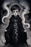 Placeholder: 7 year old boy, necromancer, friendly, with 1 tentacle coming out of his stomach, surrounded by weird smoke with eyes, wearing black robes, in the style of Harry Clarke