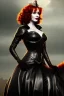 Placeholder: christina hendricks as evil queen in black leather gown on a horse, angry, stern look, volumetric lighting, particales,highly detailed,cinematic, deep colours,8