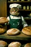 Placeholder: Portrait photo of an anthropomorphic baker cat at a bakery baking rustical bread, Fuji Velvia 50 film