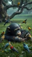 Placeholder: Bosch painting style nightmare , 3D , a baby chimpanzee sleeping on a comfortable green grass with birds around him , a nice tree in the background, high Quality picture , 8k