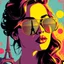 Placeholder: Pop art composition of a stylish woman with wavy hair wearing reflective sunglasses reflecting the Eiffel Tower, abstract shapes in background, classic advertising vibe, by Warhol, pop art vaporwave