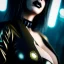 Placeholder: portrait,beautiful busty female Cyborg, intense stare, sad eyes, post-apocalyptic in a cyberpunk city,minimal skintight latex dress, bladerunner, realistic, intriacte detail, sci-fi fantasy style, volumetric lighting, particles, highly detailed ,cinamatic , deep colours,8k, in the style of Kaare Andrews