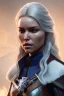 Placeholder: Camilla luddington face, texture skin,Crystal yellow eyes, long white hair, wearing The witcher 3, realistic, 4k, intricate, best quality, fog particles, fire particles, octane render, vray, sword fire