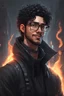 Placeholder: A 27-year-old young gentle man,realistic, with curly black hair, a thick chin, and wearing glasses, black clothes, hoodi, cry,cyberpunk, smart face, Confident smile, with fire powers