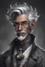 Placeholder: portrait of a human male alchemist inventor with Black grey Hair with dark grey skin